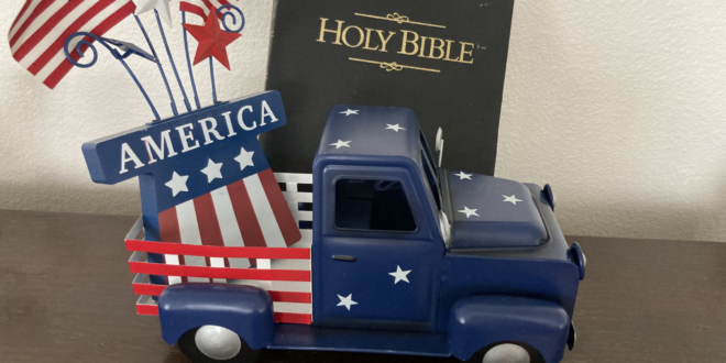 Patriotic Truck with flags and Bible