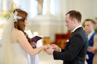Bride and groom exchanging rings
