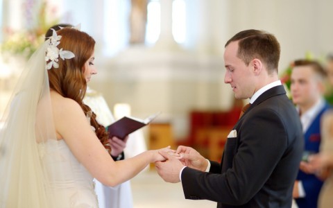 Bride and groom exchanging rings
