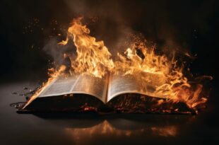 A Bible on a table with flames and light.