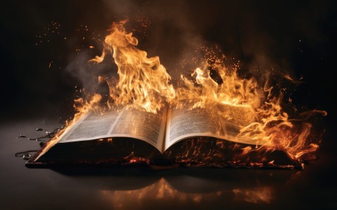 A Bible on a table with flames and light.