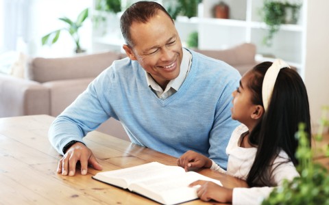 Father teaching Bible to daughter