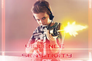 Young boy playing violent video game