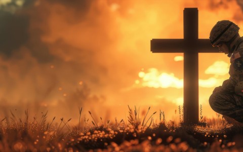Christian soldier kneeling before a cross
